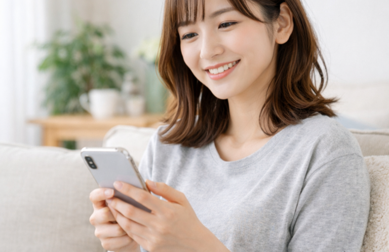 ポケットワークの副業イメージ｜在宅でスマホを使う女性